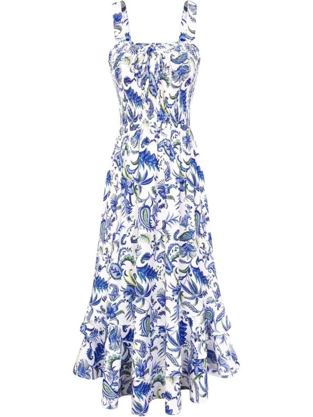 Womens Blue White Floral Square Neck Strapped A LINE Floral Boho Long Maxi Dress